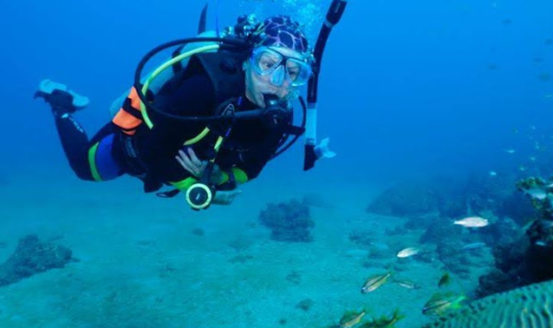 Ximena López explorando arrecifes de coral bajo el agua