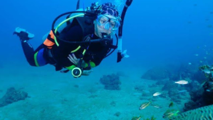 Ximena López explorando arrecifes de coral bajo el agua
